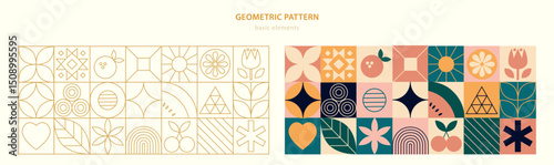 Environment nature abstract modern geometric pattern. Vector green eco-friendly grid ornament with environmental sustainability icons. Plants, trees, water droplets, recycling symbols, leaves, globe.