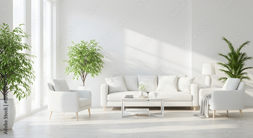 Fototapeta premium Bright white living room featuring sofa chairs coffee table plants and natural light