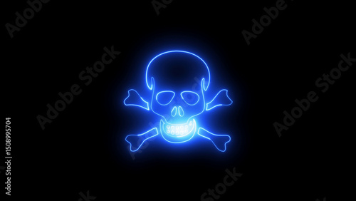 Neon Blue Skull and Crossbones Glowing on a Black Background