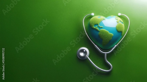 A heart-shaped Earth embraced by a stethoscope symbolizes global health, medical care, and love for the planet. Ideal for Earth Day, environmental campaigns, eco-conscious healthcare professionals