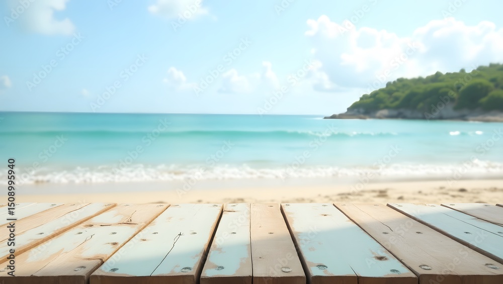 Fototapeta premium Wooden Tabletop with Blurred Ocean and Island Background in Summer Light, Wooden table on the background of the sea, island and the blue sky. Wooden planks extend across the foreground, with a blurry 