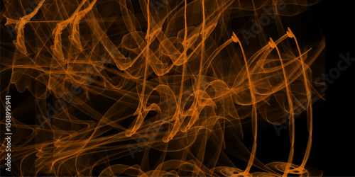 An abstract artistic composition featuring flowing lines and organic shapes in shades of warm orange against a dark black background conveying an ethereal atmosphere.