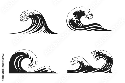 Four stylized black and white ocean waves