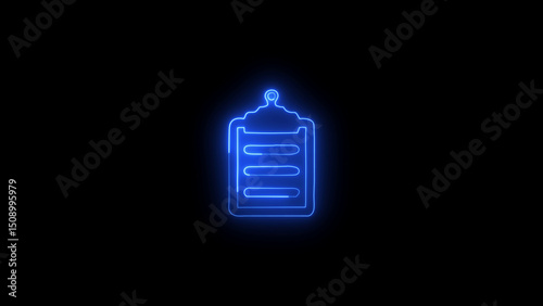 Glowing Blue Neon Clipboard Icon on Black Background for Data and Notes
