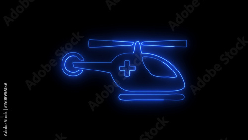 Neon Blue Medical Helicopter Icon on Black Background for Emergency Services