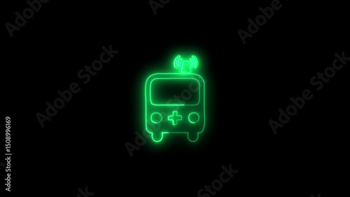 Green Neon Ambulance Icon Glowing on a Black Background for Emergency Services