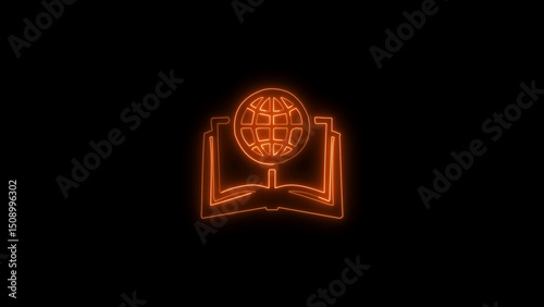 Glowing Neon Book with Globe Icon on Black Background Illustration