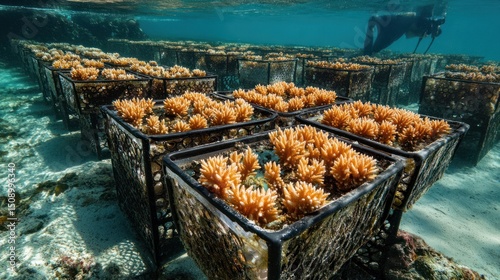 Fototapeta Naklejka Na Ścianę i Meble -  Coral reef restoration in underwater cages.