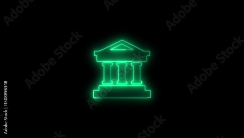 Glowing Green Neon Bank Building Icon on a Black Background