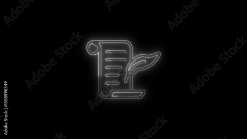 Glowing Neon Illustration of a Scroll and Quill on Black Background