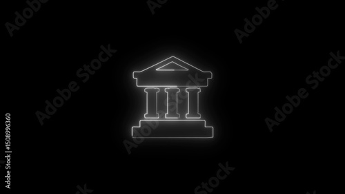 Glowing Neon Bank Building Icon on a Black Background