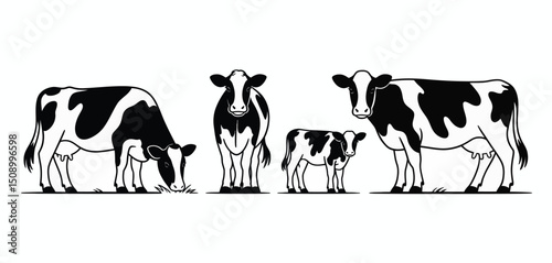 Black and White Cows Grazing and Standing Illustration