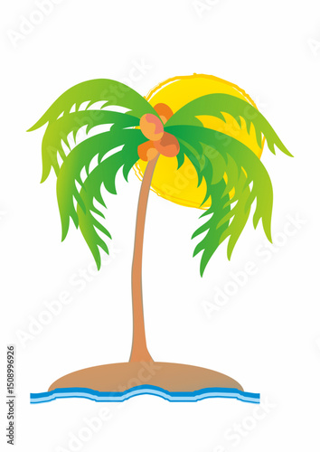 tropical island with palm tree and sun, vector icon, illustration