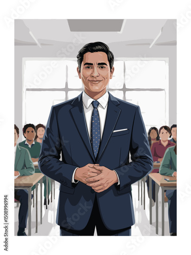 Confident male professor in a classroom setting