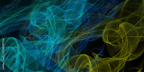 Abstract digital art composition featuring swirling lines in shades of blue turquoise and yellow against a dark background evoking a sense of energy