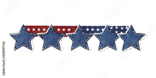 Five denim stars on a red and white striped banner background  