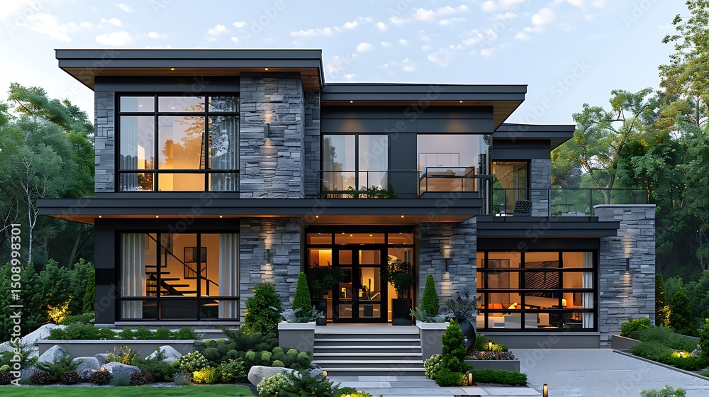 Fototapeta premium Elegant two-story glass house front view high resolution picture