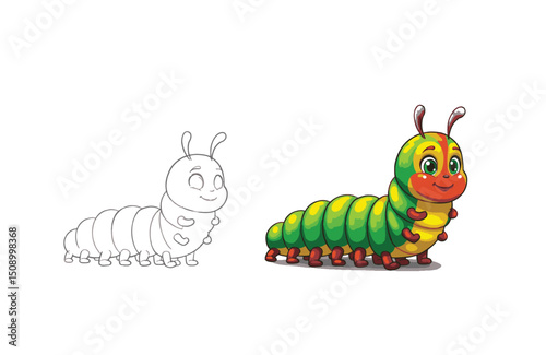 Adorable Cartoon Caterpillar Illustration Coloring Page and Finished Artwork