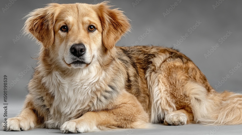 Obraz premium Fluffy-coated golden and brown dog with thick, well-groomed fur lying calmly on a light-colored surface, showcasing attentive brown eyes and a prominent black nose against a neutral gray background, h