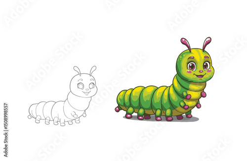 Adorable Cartoon Caterpillar Illustration Coloring Page and Fun Design