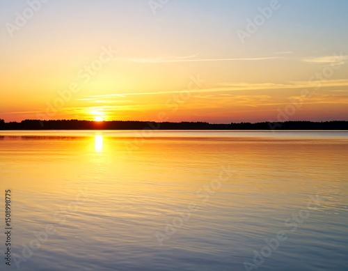 Calm lake reflecting a vibrant sunset, colors mirrored on the water's surface