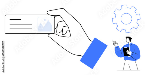 Hand gripping ID card with photo and text, business professional holding clipboard, gear icon symbolizing processes. Ideal for identification, business, organization, professionalism, systems