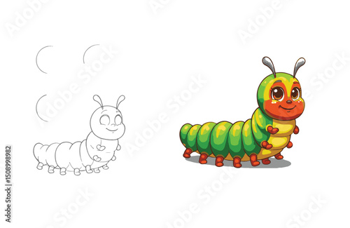 Adorable Cartoon Caterpillar Illustration Coloring Page and Finished Artwork