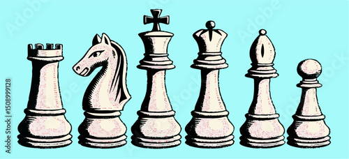 White Chess Pieces: Rook, Knight, Bishop, Queen, King, Pawn