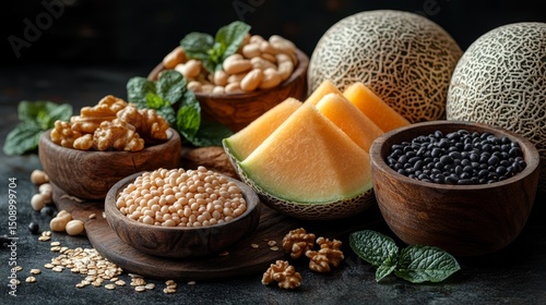 A scene showcasing whole grains, nuts like walnuts, fresh beans, and slices of cantaloupe arranged in an elegant display. Inositol molecules are subtly glowing around the foods, emphasizing their role