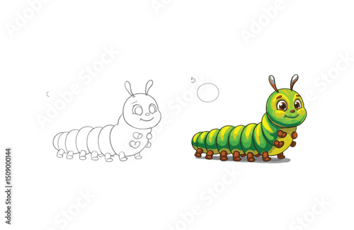 Adorable Green Caterpillar Illustration Coloring Page and Cartoon Character Design