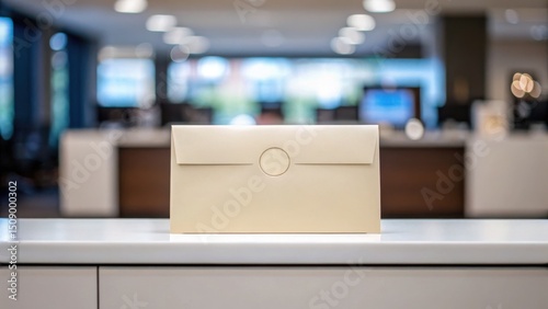 A large envelope is placed on a counter in a modern, well-lit office environment with blurred background.