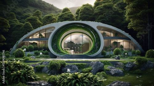 Abstract biomimetic architecture design influenced by nature and curved forms. Sustainable building, healthy home in the forest. photo