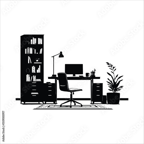 Home office setup black and white vector illustration desk chair bookcase plant minimalist design work area