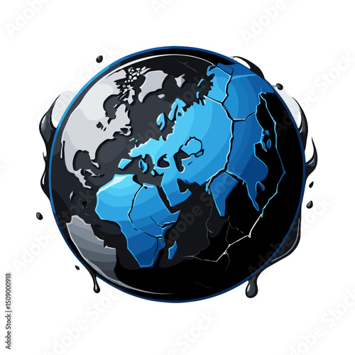 Illustration of a cracked globe with blue and black tones, dripping liquid, symbolizing environmental issues and global warming
