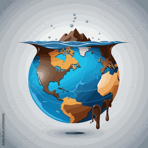 Illustration of a partially submerged globe with dripping water, symbolizing climate change and rising sea levels