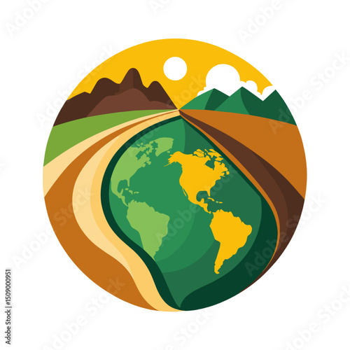 Stylized illustration of a globe integrated into a landscape with mountains and fields, symbolizing harmony between nature and the Earth