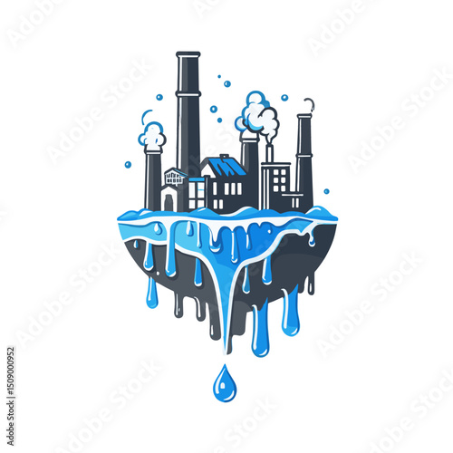 Illustration of industrial factories with dripping blue water, symbolizing pollution and environmental impact