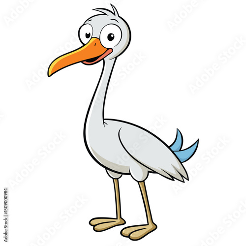 A light gray cartoon stork with orange beak stands smiling cheerfully facing front