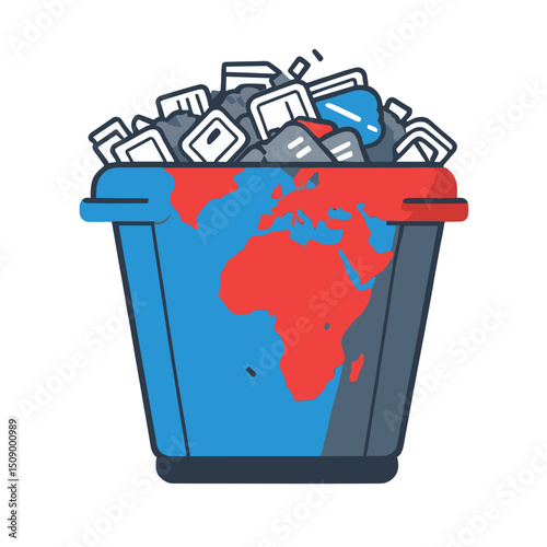Illustration of a trash bin filled with waste and featuring a world map design, symbolizing environmental pollution
