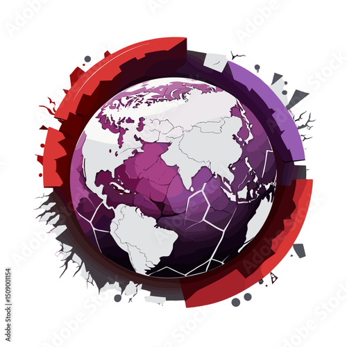 Stylized illustration of a cracked globe surrounded by urban elements, symbolizing environmental destruction and urbanization