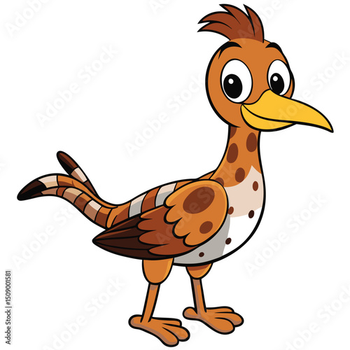 Cartoon brown hoopoe bird with yellow beak stands cheerfully against white background