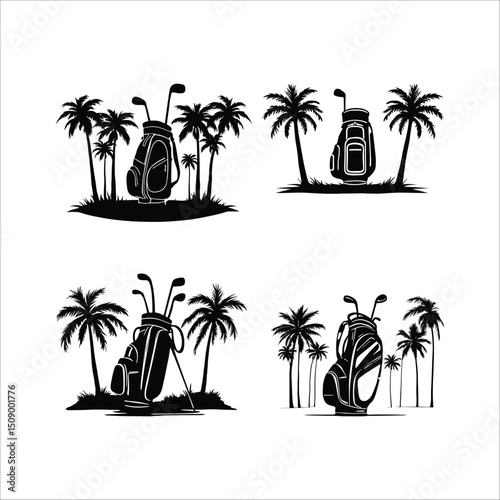 Golfing on the beach vector art design with palm trees and golf bag silhouette for summer vacation theme
