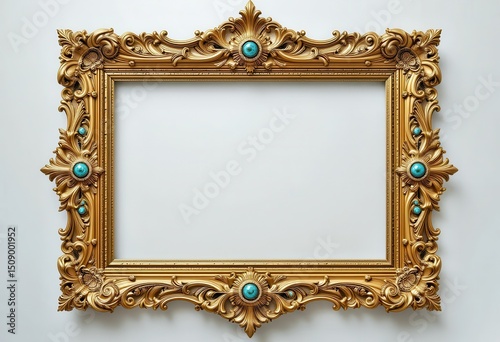 Ornate golden picture frame with turquoise accents on a light background