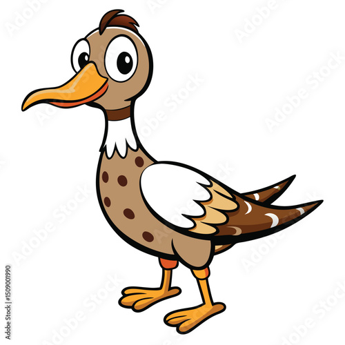 Adorable duck cartoon with brown spots and an orange beak gazes happily to the side