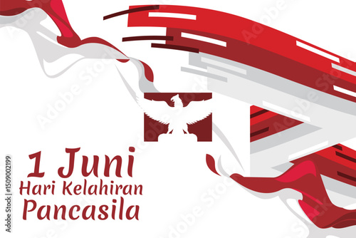 Translation: June 1, Happy birthday Pancasila (1 Juni, selamat hari lahir Pancasila) vector illustration. Suitable for greeting card, poster and banner.