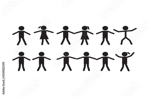Simple Stick Figure People Holding Hands Unity, Friendship, and Teamwork Illustrations