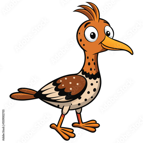 Animated comical bird with orange feathers and a long beak stands cheerfully on white