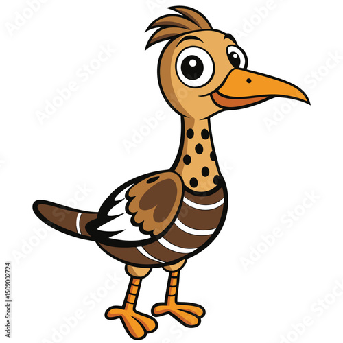 A cute cartoon brown bird with spots and stripes is smiling happily
