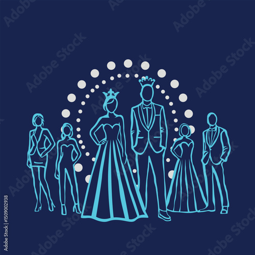 Silhouettes of prom graduates with crowned king and queen in neon line art style on dark blue background with circular stage spotlight lights.