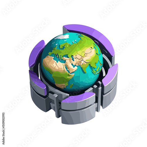 3D illustration of a globe surrounded by a gray circular frame with purple accents